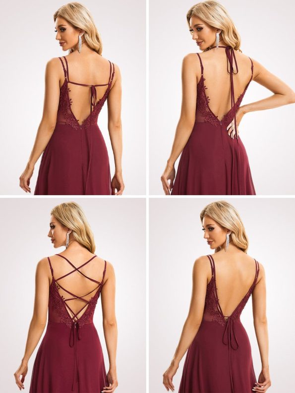 Convertible Chiffon Lace Open Back Spaghetti Straps Bridesmaid Dress - Burgundy