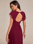 Back Cutout A-Line Pleated Ruffles Sleeve Chiffon Bridesmaid Dress – Burgundy