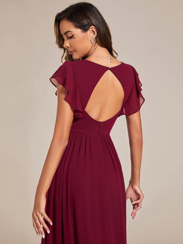 Back Cutout A-Line Pleated Ruffles Sleeve Chiffon Bridesmaid Dress - Burgundy