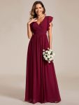 Back Cutout A-Line Pleated Ruffles Sleeve Chiffon Bridesmaid Dress – Burgundy