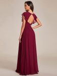 Back Cutout A-Line Pleated Ruffles Sleeve Chiffon Bridesmaid Dress – Burgundy