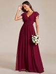 Back Cutout A-Line Pleated Ruffles Sleeve Chiffon Bridesmaid Dress - Burgundy