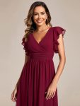 Back Cutout A-Line Pleated Ruffles Sleeve Chiffon Bridesmaid Dress – Burgundy