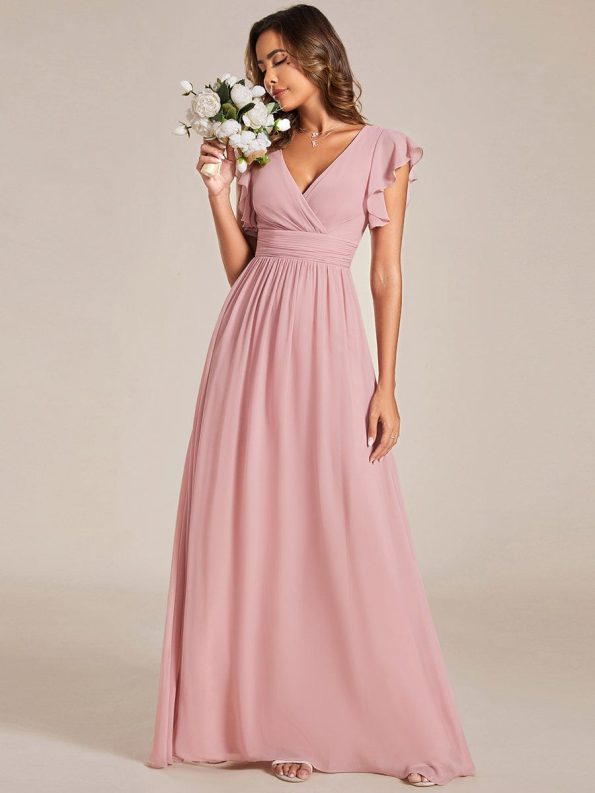 Back Cutout A-Line Pleated Ruffles Sleeve Chiffon Bridesmaid Dress - Dusty Rose