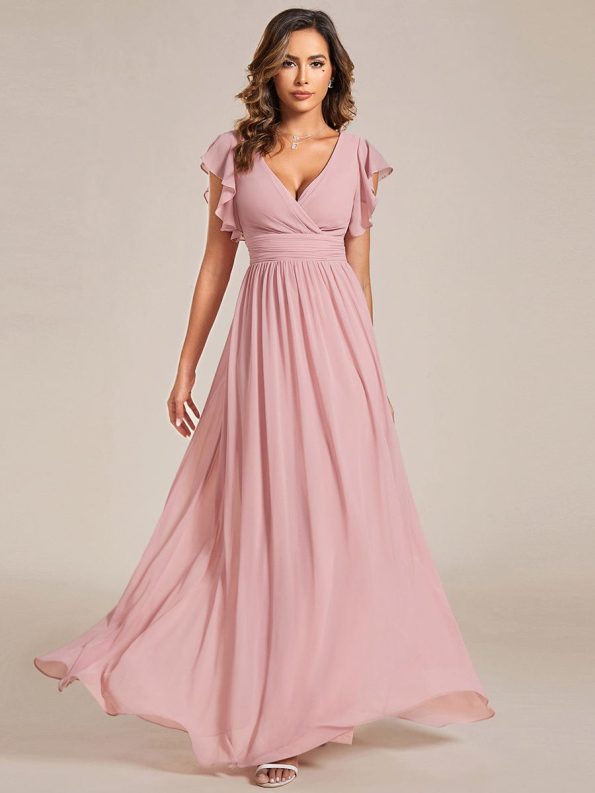 Back Cutout A-Line Pleated Ruffles Sleeve Chiffon Bridesmaid Dress - Dusty Rose