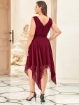 V Neck Ruched Asymmetrical Hems Midi Chiffon Bridesmaid Dress – Burgundy