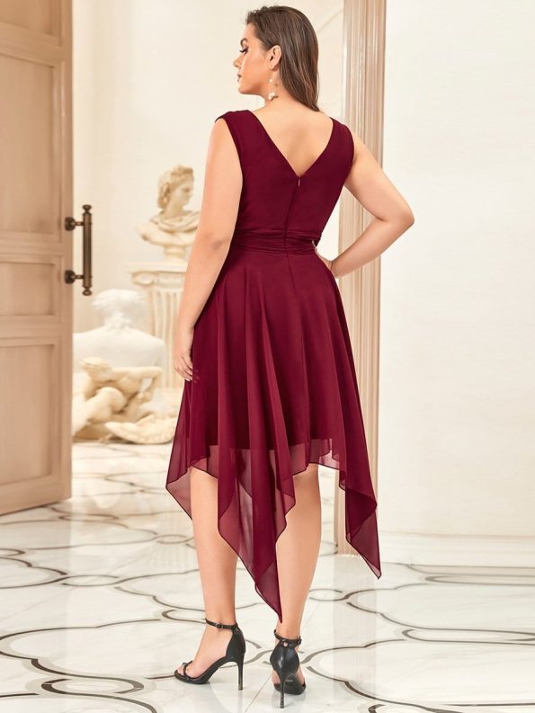 V Neck Ruched Asymmetrical Hems Midi Chiffon Bridesmaid Dress - Burgundy