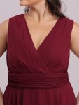 V Neck Ruched Asymmetrical Hems Midi Chiffon Bridesmaid Dress – Burgundy