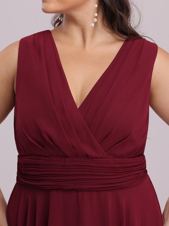 V Neck Ruched Asymmetrical Hems Midi Chiffon Bridesmaid Dress - Burgundy