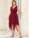 V Neck Ruched Asymmetrical Hems Midi Chiffon Bridesmaid Dress – Burgundy