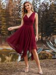 V Neck Ruched Asymmetrical Hems Midi Chiffon Bridesmaid Dress – Burgundy