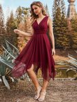 V Neck Ruched Asymmetrical Hems Midi Chiffon Bridesmaid Dress – Burgundy