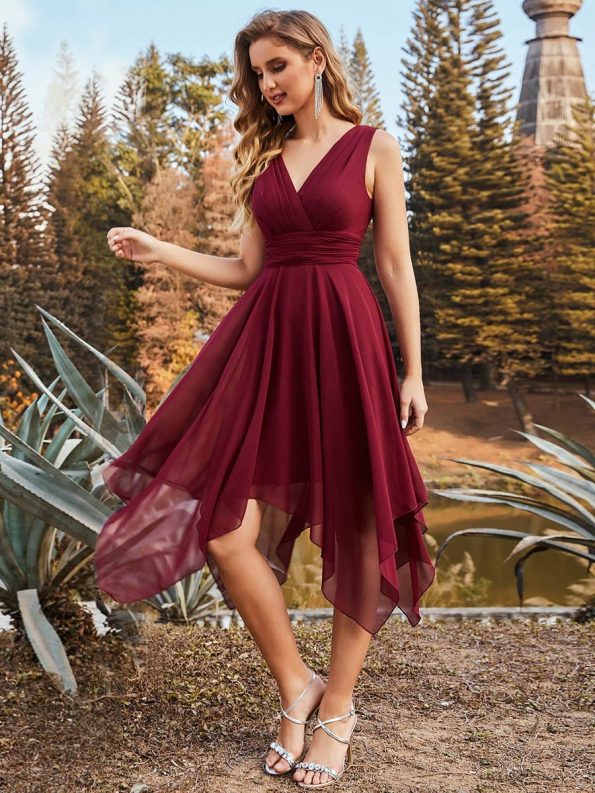 V Neck Ruched Asymmetrical Hems Midi Chiffon Bridesmaid Dress - Burgundy