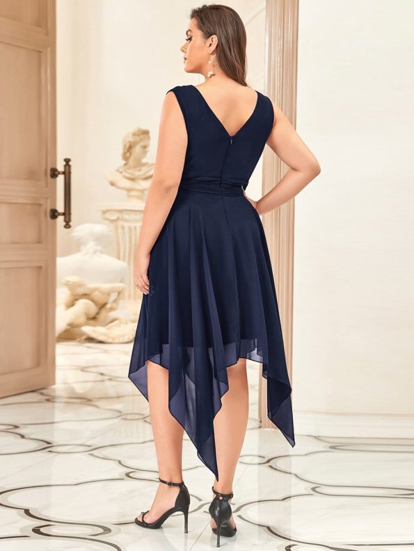 V Neck Ruched Asymmetrical Hems Midi Chiffon Bridesmaid Dress - Navy Blue