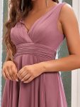 V Neck Ruched Asymmetrical Hems Midi Chiffon Bridesmaid Dress – Purple Orchid