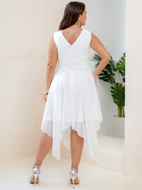 V Neck Ruched Asymmetrical Hems Midi Chiffon Bridesmaid Dress - Cream