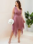 V Neck Ruched Asymmetrical Hems Midi Chiffon Bridesmaid Dress – Purple Orchid