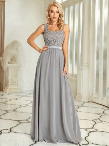 Elegant A Line Long Chiffon Bridesmaid Dress With Lace Bodice - Grey