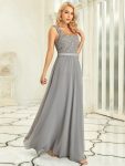 Elegant A Line Long Chiffon Bridesmaid Dress With Lace Bodice – Grey