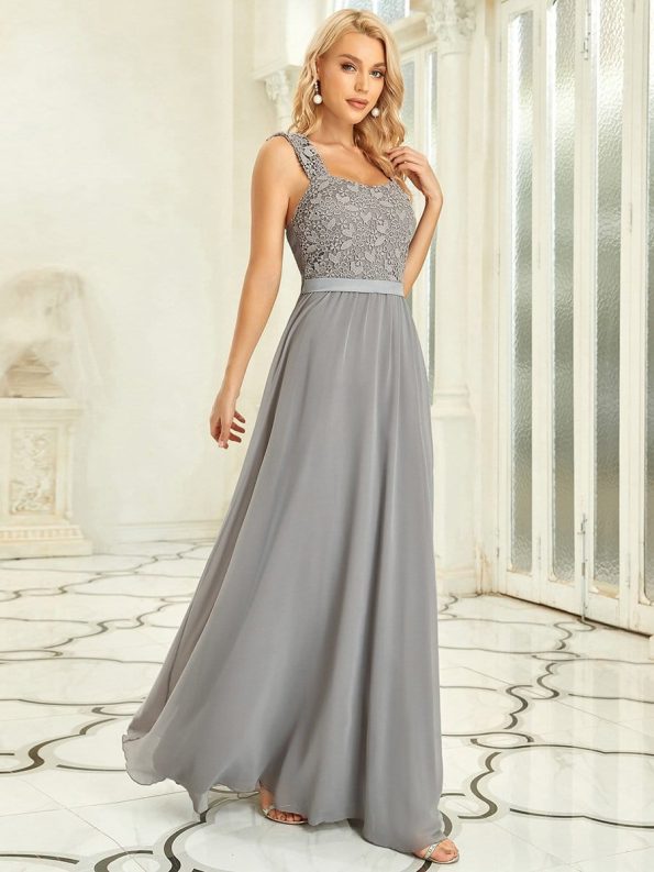 Elegant A Line Long Chiffon Bridesmaid Dress With Lace Bodice - Grey