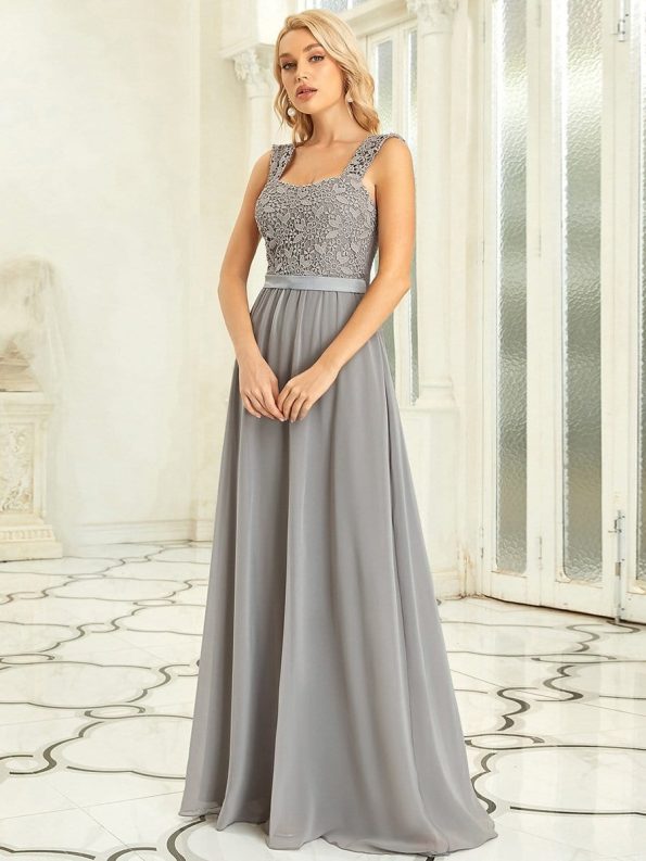 Elegant A Line Long Chiffon Bridesmaid Dress With Lace Bodice - Grey