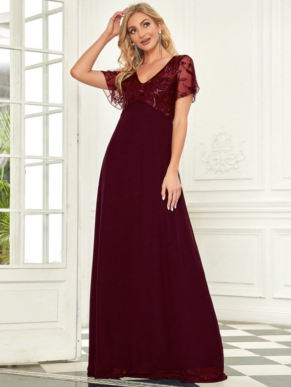 Sequin Print Evening Dresses for Women with Sleeves - Burgundy