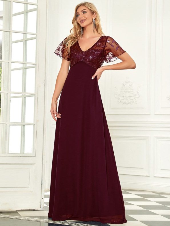 Sequin Print Evening Dresses for Women with Sleeves - Burgundy