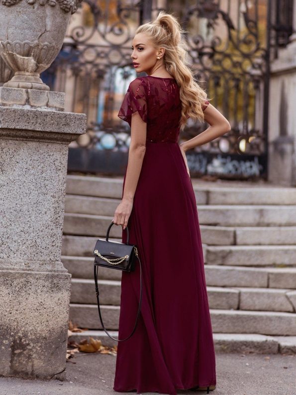 Sequin Print Evening Dresses for Women with Sleeves - Burgundy