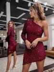 Asymmetrical One Shoulder Long Sleeve Sequin Bodycon Prom Dress – Burgundy