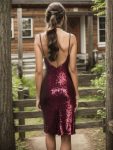 Sparkling Sequin V-Neck Spaghetti Strap Side Slit Homecoming Dress – Burgundy