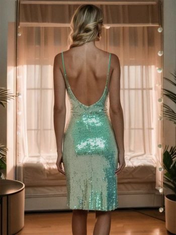 Sparkling Sequin V-Neck Spaghetti Strap Side Slit Homecoming Dress - Sage Green