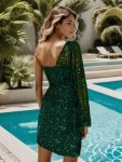 Sparkly One-Shoulder See-Through Long Sleeve Sequin A-Line Homecoming Dress – Dark Green