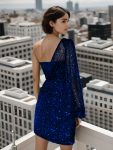 Sparkly One-Shoulder See-Through Long Sleeve Sequin A-Line Homecoming Dress – Sapphire Blue