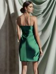 Spaghetti Strap Backless Pleated Satin Bodycon Homecoming Dress – Dark Green