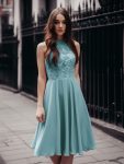 Short Lace Halter Neck Backless Chiffon Homecoming Dress – Dusty Blue