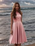 Short Lace Halter Neck Backless Chiffon Homecoming Dress – Pink