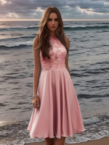 Short Lace Halter Neck Backless Chiffon Homecoming Dress - Pink