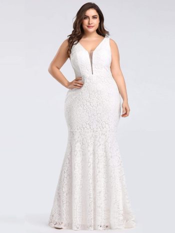 Plus Size Lace Mermaid Formal Evening Dress - White