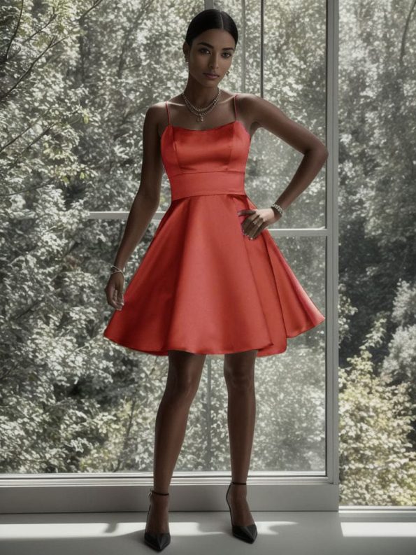 Satin Spaghetti Strap A-Line Backless Short Homecoming Dress - Burnt Orange