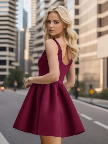 Chic Square Neck Open Back A-line Satin Homecoming Dress - Burgundy