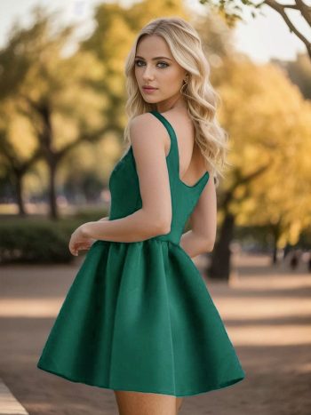 Chic Square Neck Open Back A-line Satin Homecoming Dress - Dark Green