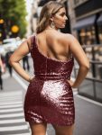 Plus Size Shiny One Shoulder Sequin Bodycon Sleeveless Homecoming Dress – Burgundy