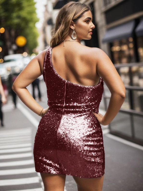 Plus Size Shiny One Shoulder Sequin Bodycon Sleeveless Homecoming Dress - Burgundy