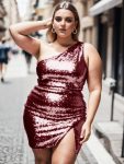 Plus Size Shiny One Shoulder Sequin Bodycon Sleeveless Homecoming Dress – Burgundy