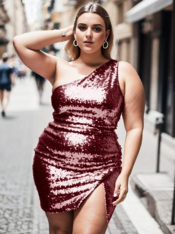 Plus Size Shiny One Shoulder Sequin Bodycon Sleeveless Homecoming Dress - Burgundy