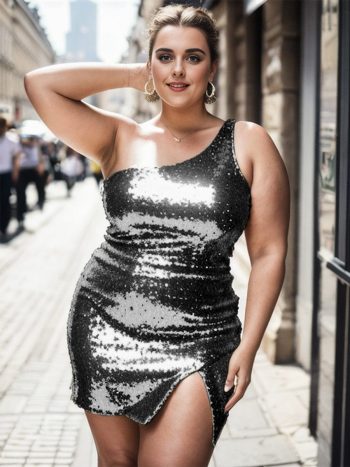 Plus Size Shiny One Shoulder Sequin Bodycon Sleeveless Homecoming Dress - Black