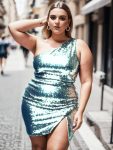 Shiny One Shoulder Sequin Bodycon Sleeveless Homecoming Dress – Dusty Blue