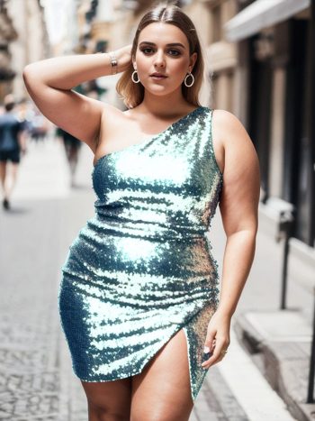 Plus Size Shiny One Shoulder Sequin Bodycon Sleeveless Homecoming Dress - Dusty Blue