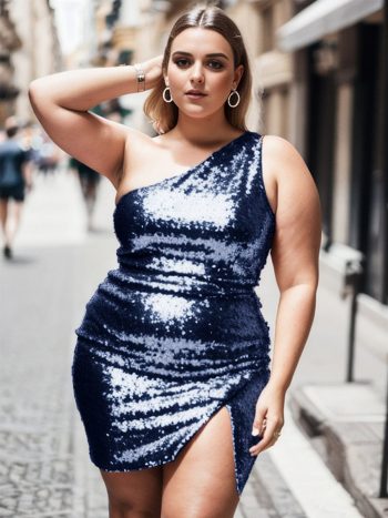 Plus Size Shiny One Shoulder Sequin Bodycon Sleeveless Homecoming Dress - Navy Blue