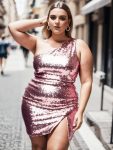 Plus Size Shiny One Shoulder Sequin Bodycon Sleeveless Homecoming Dress – Purple Orchid